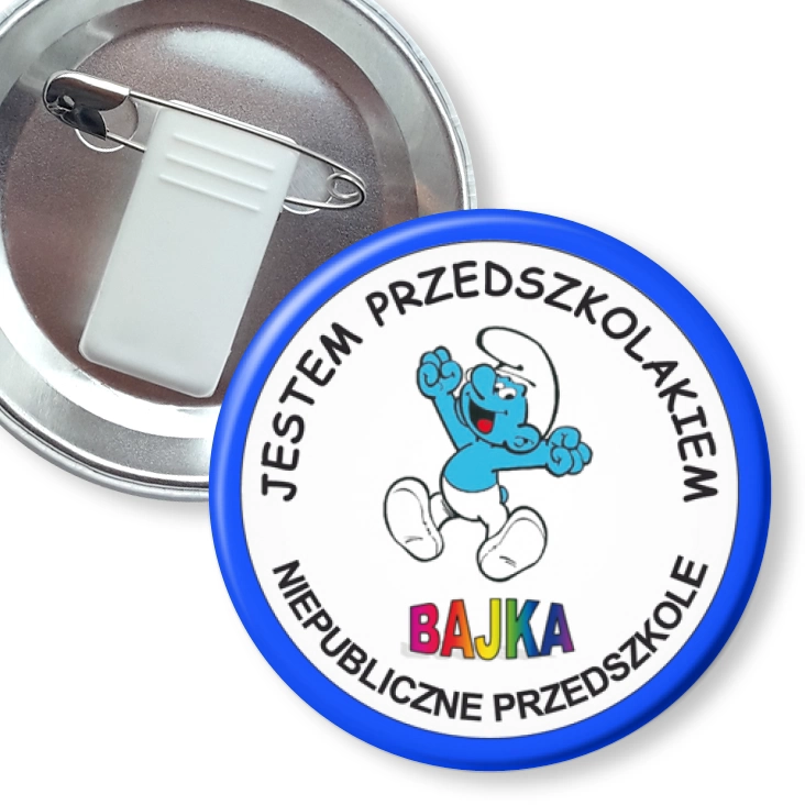 przypinka z żabką i agrafką Przedszkole Bajka - Smerf