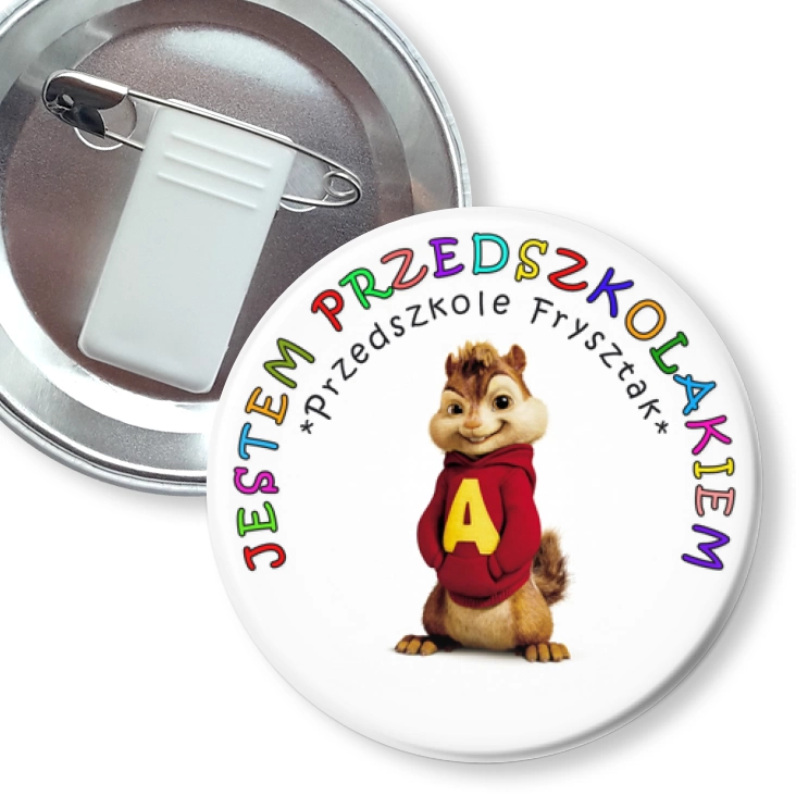 przypinka z żabką i agrafką Przedszkole Frysztak - wiewiórki
