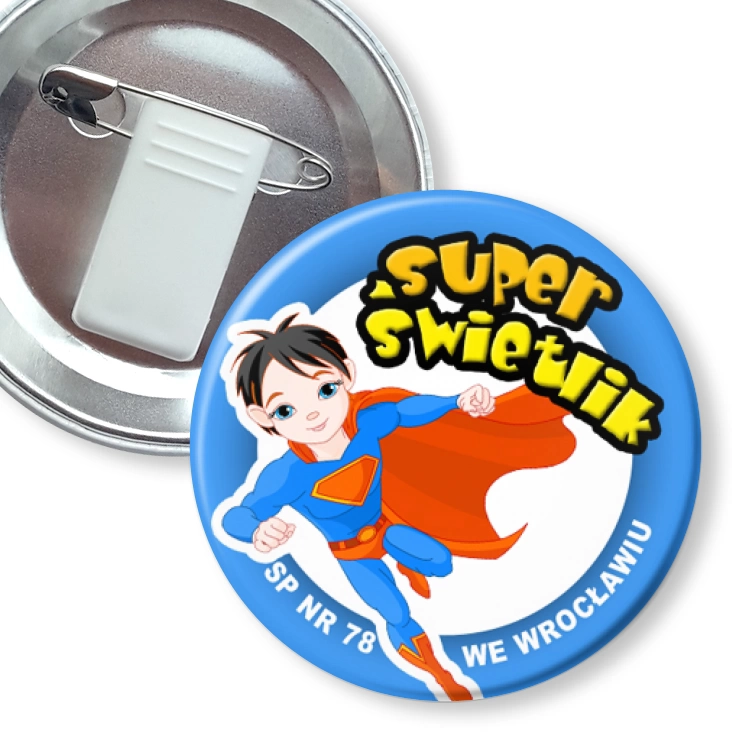 przypinka z żabką i agrafką Super świetlik - SP nr 78 we Wrocławiu