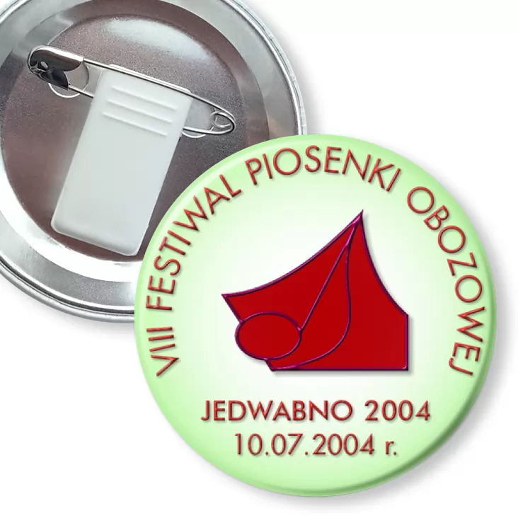 przypinka z żabką i agrafką VIII Festiwal Piosenki Obozowej - Jedwabno 2004