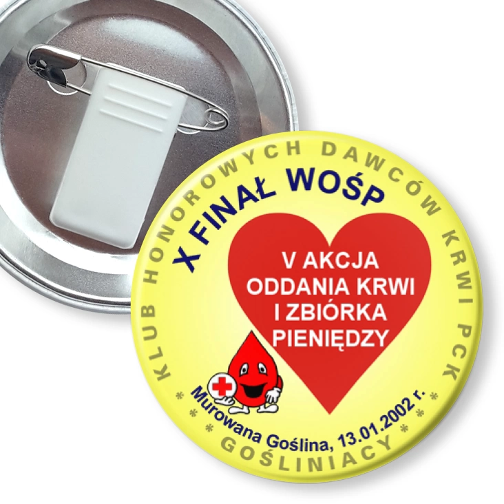 przypinka z żabką i agrafką X finał WOŚP - Klub Honorowych Dawców Krwi PCK