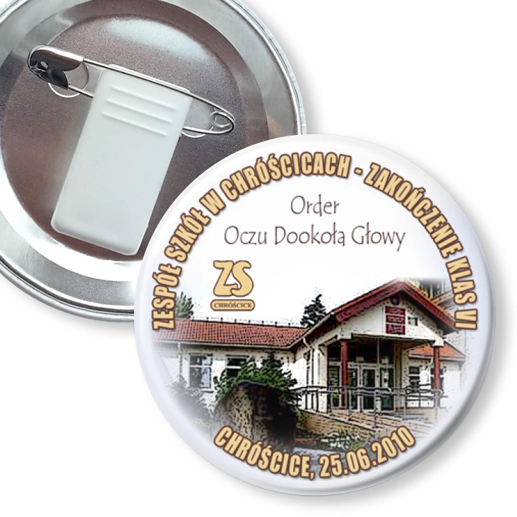 przypinka z żabką i agrafką ZS w Chróścicach - zakończenie roku 2010