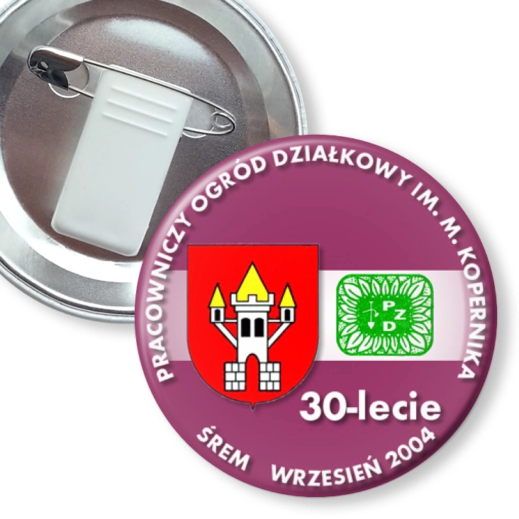 przypinka z żabką i agrafką 30-lecie POD w Śremie