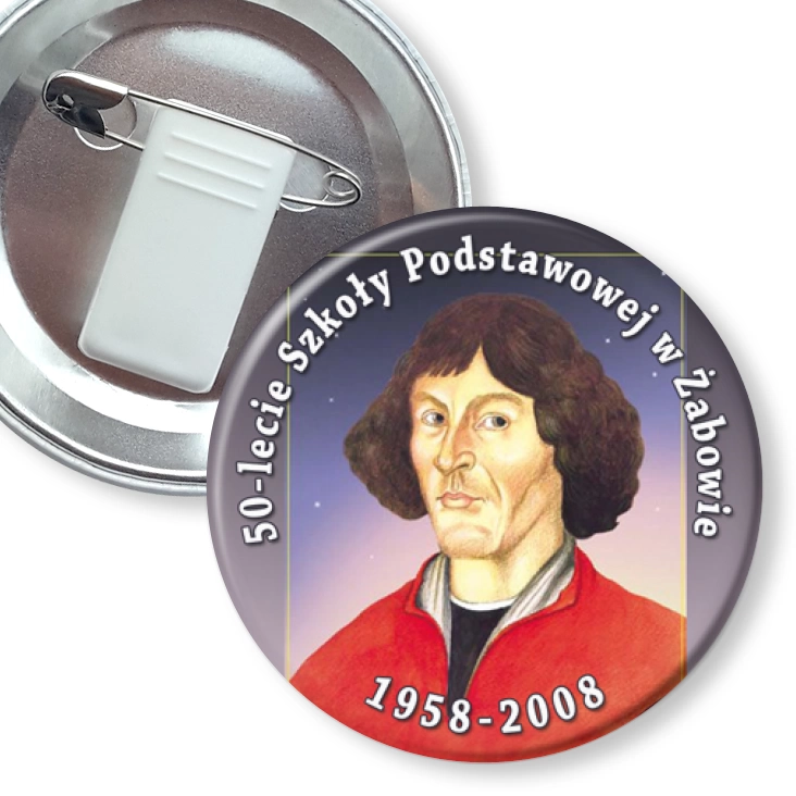 przypinka z żabką i agrafką 50-lecie SP w Żabowie