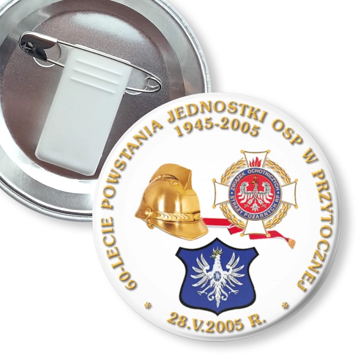 przypinka z żabką i agrafką 60-lecie Powstania Jednostki OSP w Przytocznej