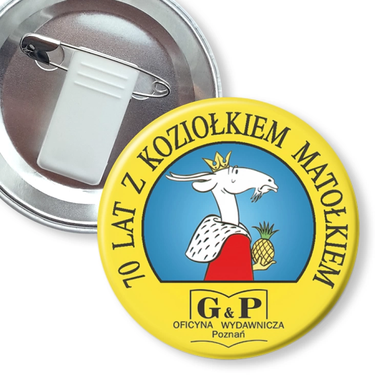 przypinka z żabką i agrafką 70 lat z Koziołkiem Matołkiem
