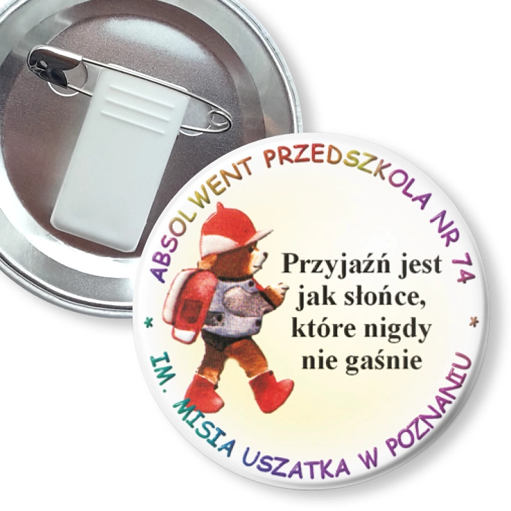 przypinka z żabką i agrafką Absolwent przedszkola nr 74
