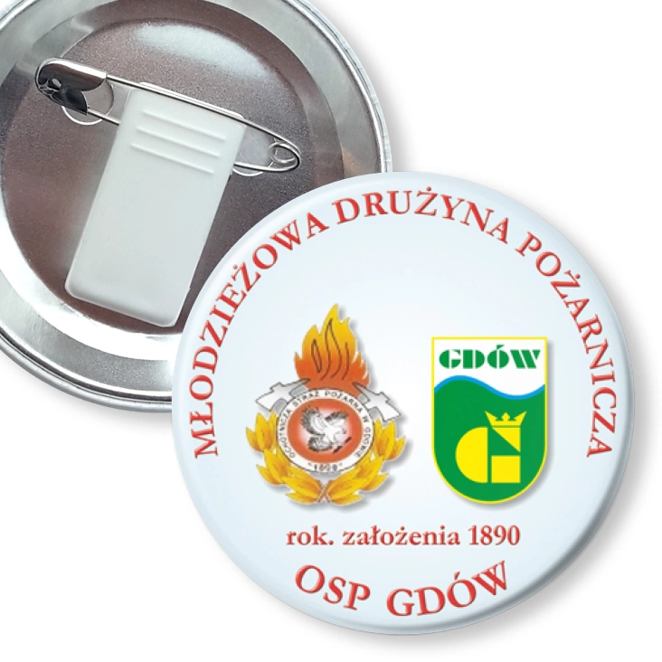 przypinka z żabką i agrafką Gdów - Młodzieżowa Drużyna Pożarnicza