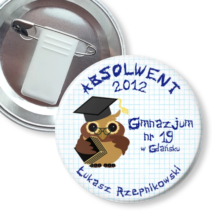 przypinka z żabką i agrafką Gimnazjum nr 19 w Gdańsku