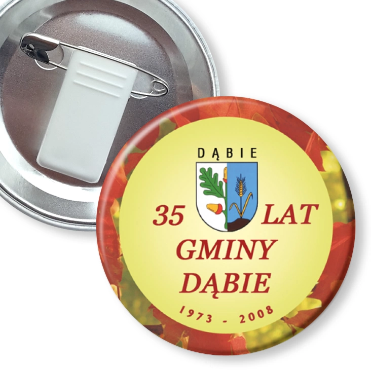 przypinka z żabką i agrafką Gmina Dąbie 35 lat