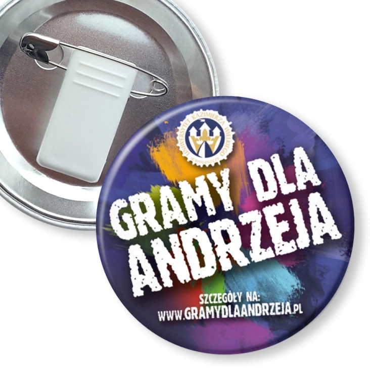 przypinka z żabką i agrafką Gramy dla Andrzeja