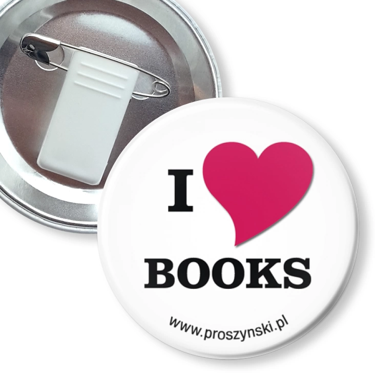 przypinka z żabką i agrafką I love books