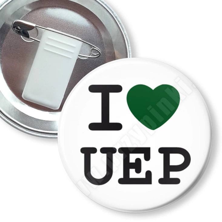 przypinka z żabką i agrafką I love UEP