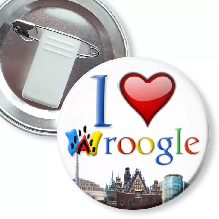 przypinka z żabką i agrafką I love Wroogle