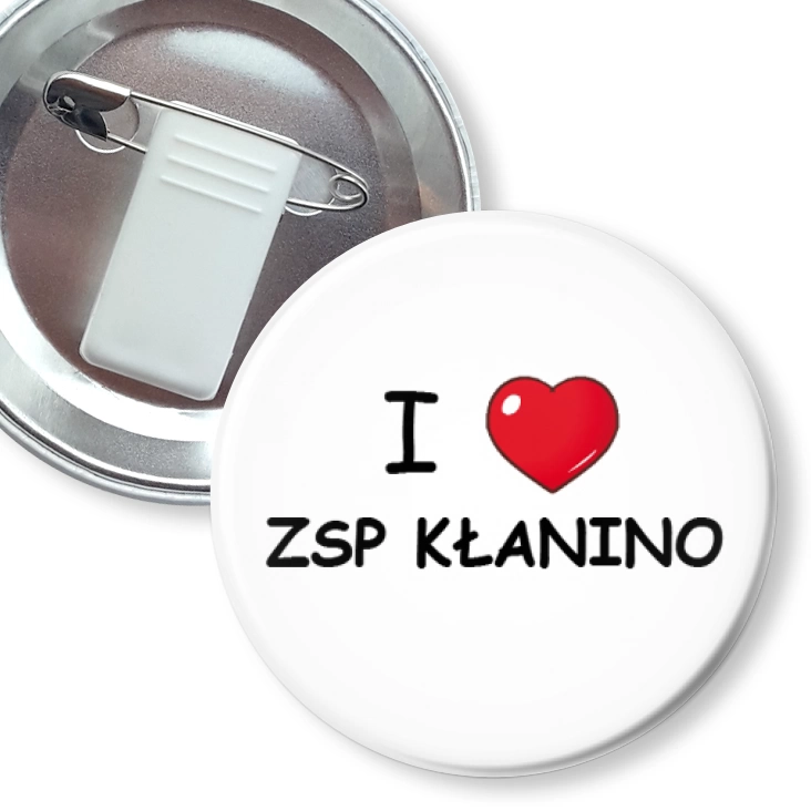 przypinka z żabką i agrafką I love ZSP Kłanino