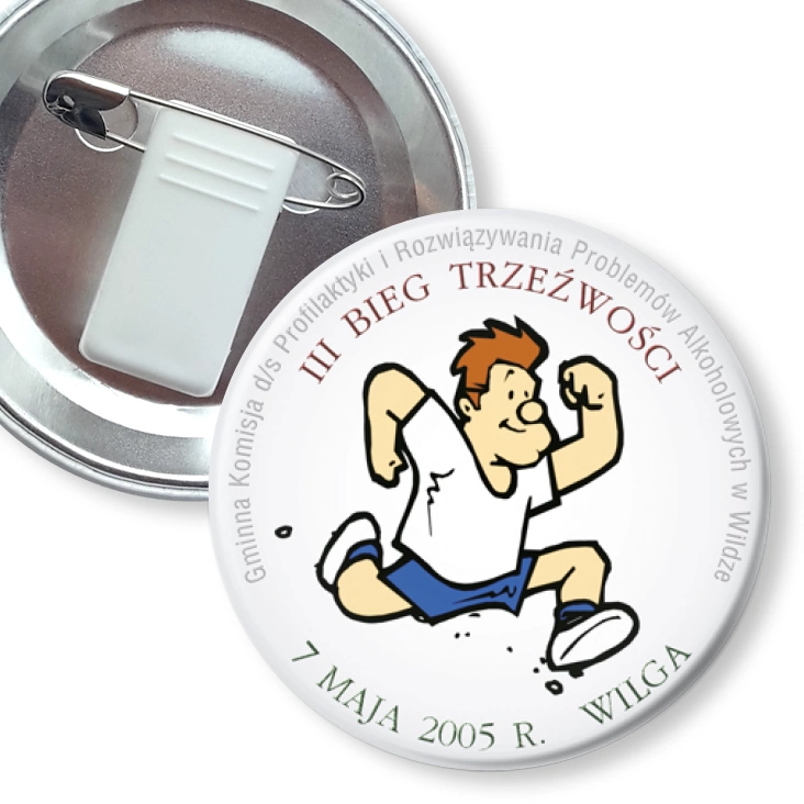 przypinka z żabką i agrafką III Bieg Trzźwości - Wilga 2005
