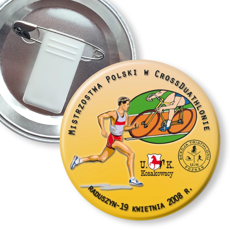 przypinka z żabką i agrafką Mistrzostwa Polski w Cross Duathlonie