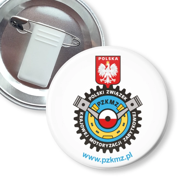 przypinka z żabką i agrafką Polski Związek Krajowej Motoryzacji Zabytkowej