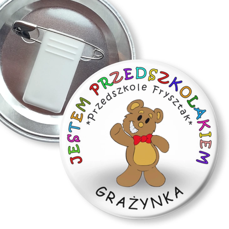 przypinka z żabką i agrafką Przedszkole Frysztak - misie