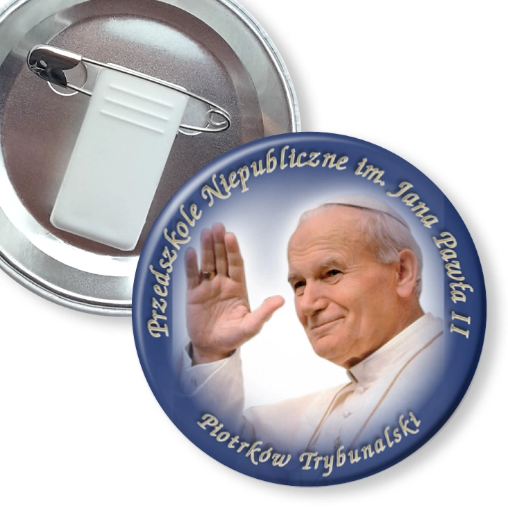 przypinka z żabką i agrafką Przedszkole Niepubliczne w Piotrkowie Tryb.