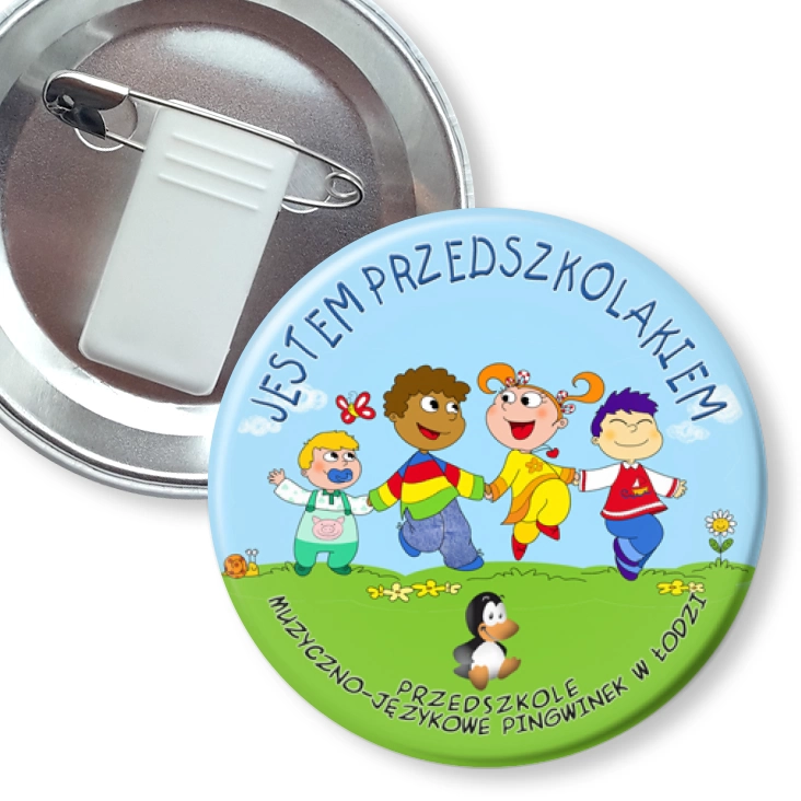 przypinka z żabką i agrafką Przedszkole Pingwinek w Łodzi