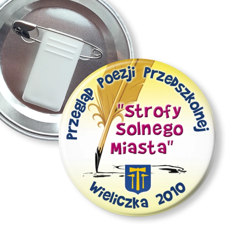 przypinka z żabką i agrafką Przegląd Poezji Przedszkolnej - Wieliczka 2010