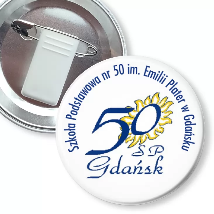 przypinka z żabką i agrafką Szkoła Podstawowa nr 50 im. Emilii Plater w Gdańsku.