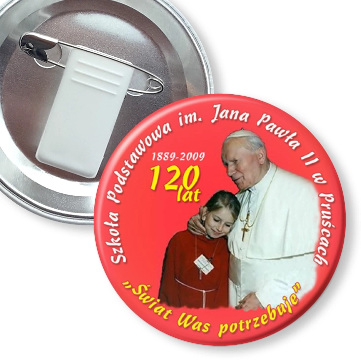 przypinka z żabką i agrafką Szkoła Podstawowa w Pruścach