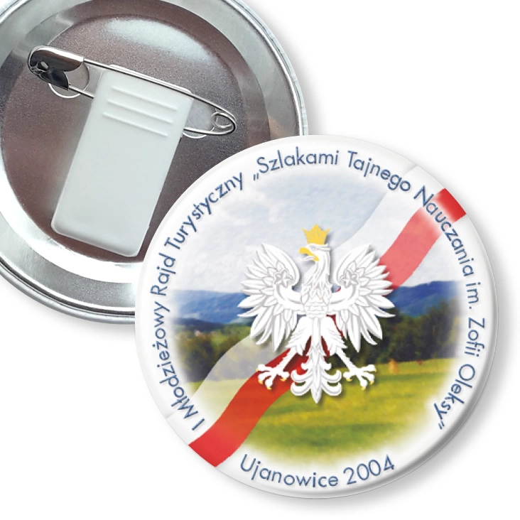 przypinka z żabką i agrafką Szlakami Tajnego Nauczania im. Zofii Oleksy