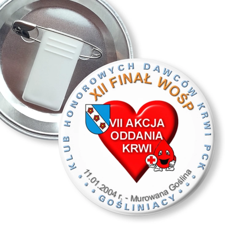 przypinka z żabką i agrafką XII Finał WOŚP - klub Honorwych Dawców Krwi PCK