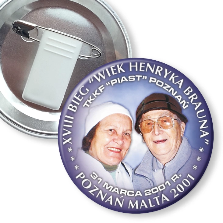 przypinka z żabką i agrafką XVIII Bieg Wiek Henryka Brauna