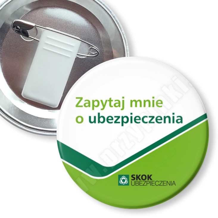 przypinka z żabką i agrafką Zapytaj mnie o ubezpieczenia
