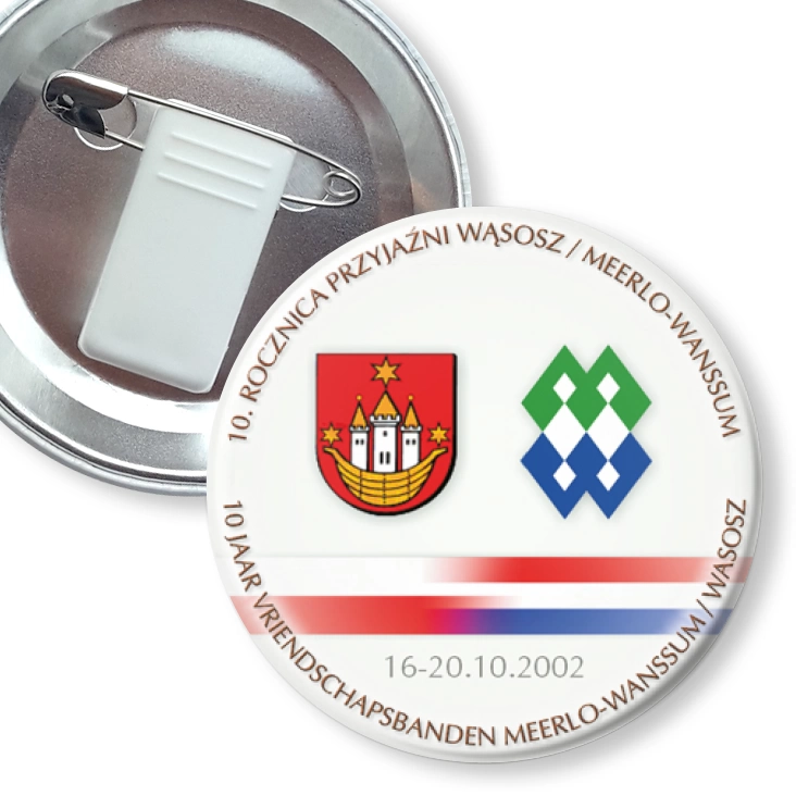 przypinka z żabką i agrafką 10. rocznica przyjaźni Wąsosz/ Meerlo-Wanssum