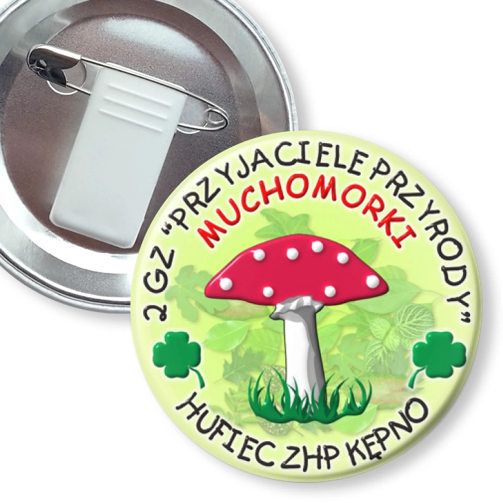 przypinka z żabką i agrafką 2 GZ Przyjaciele Przyrody MUCHOMORKI