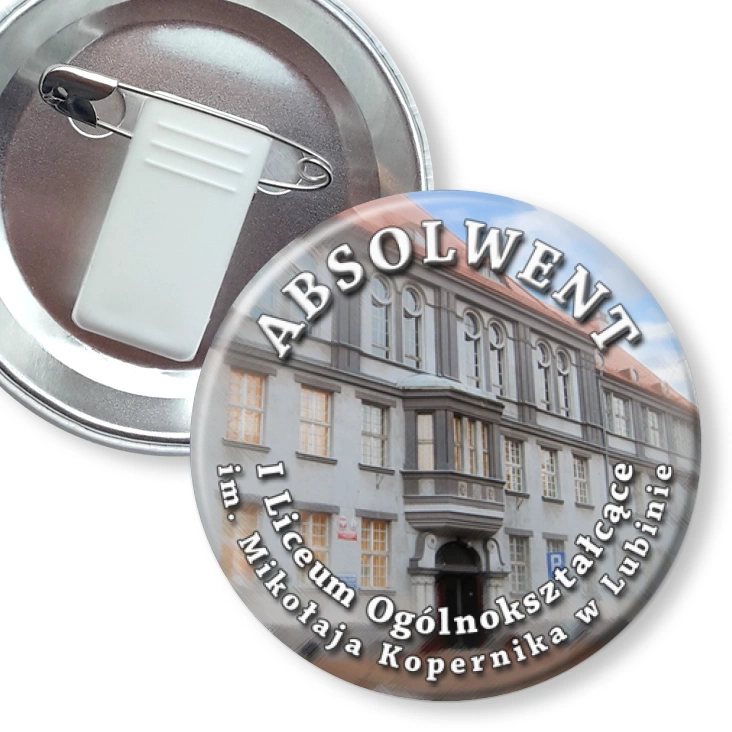 przypinka z żabką i agrafką Absolwenci LO1 Lubin