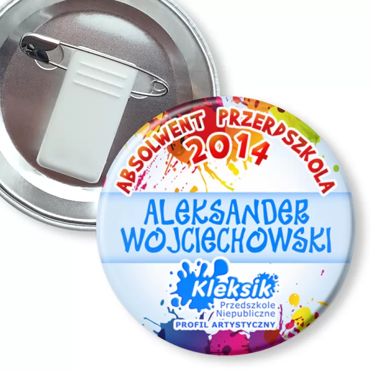 przypinka z żabką i agrafką Absolwent 2014 Przedszkola Kleksik