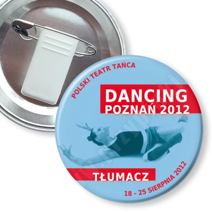 przypinka z żabką i agrafką Dancing Poznań 2012 - tłumacz