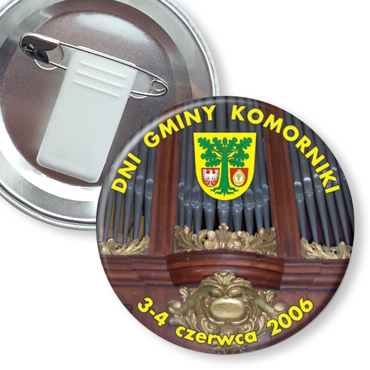 przypinka z żabką i agrafką Dni Gminy Komorniki