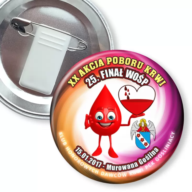 przypinka z żabką i agrafką Gośliniacy - XX Akcja Poboru Krwi