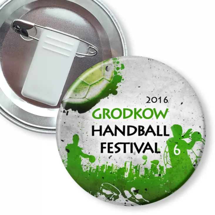 przypinka z żabką i agrafką Handball Festival 2016