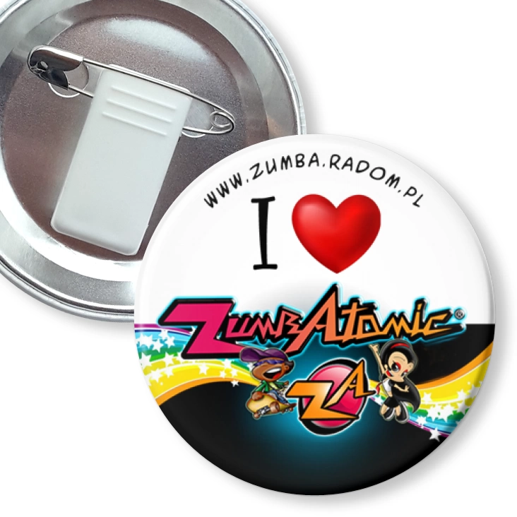 przypinka z żabką i agrafką I love ZumbAtomic