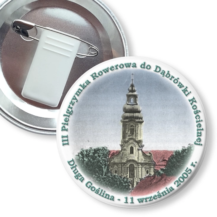 przypinka z żabką i agrafką II Pielgrzymka Rowerowa do Dąbrówki Kościelnej
