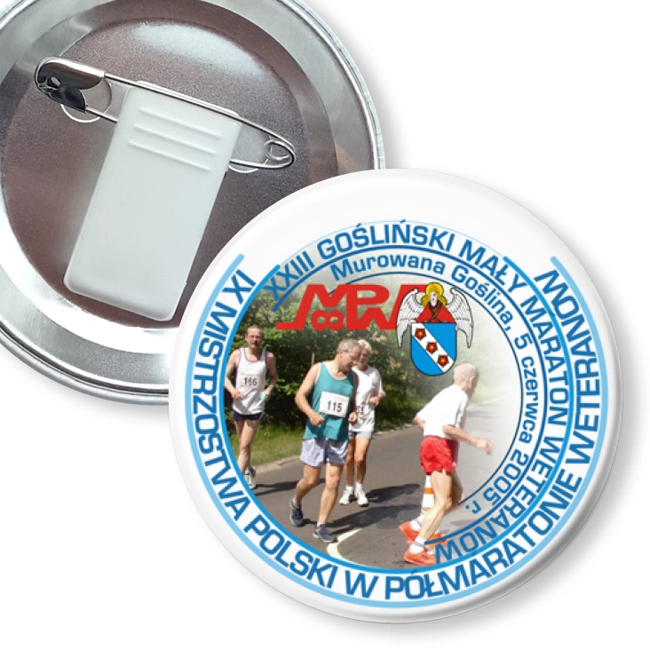 przypinka z żabką i agrafką IX Mistrzostwa Polski w Półmaratonie Weteranów