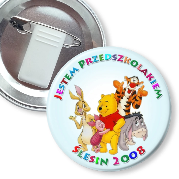 przypinka z żabką i agrafką Jestem Przedszkolakiem Ślesin 2008