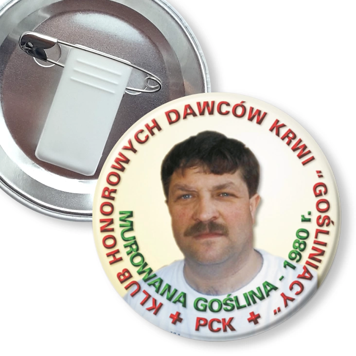 przypinka z żabką i agrafką Klub Honorowych Dawców Krwi Gośliniacy