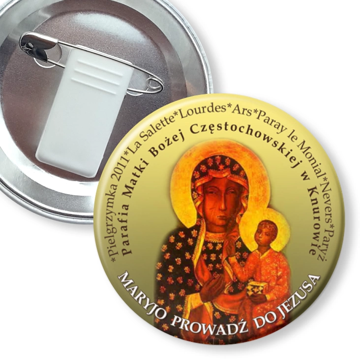 przypinka z żabką i agrafką Maryjo prowadź do Jezusa