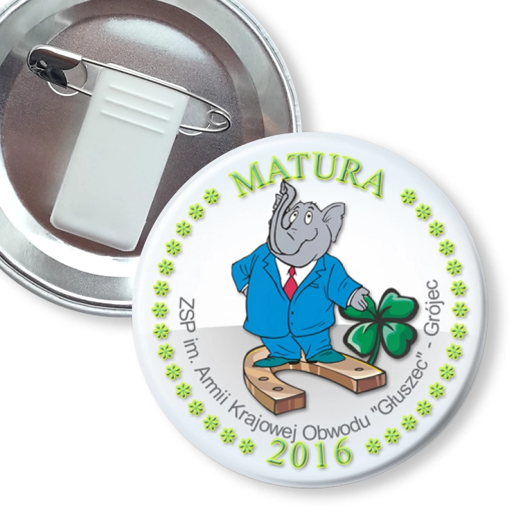 przypinka z żabką i agrafką Matura - Grójec