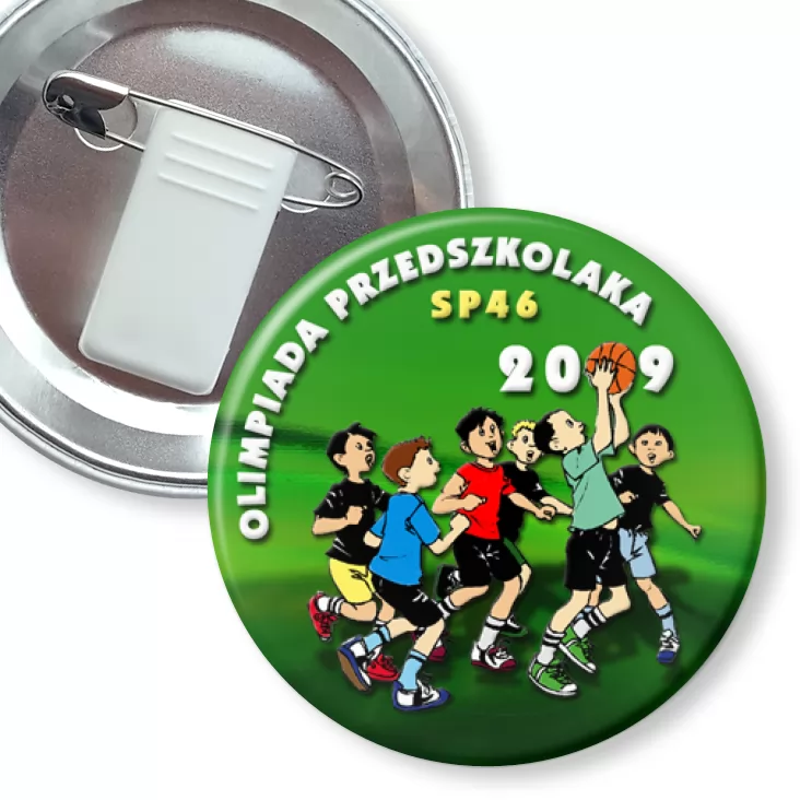 przypinka z żabką i agrafką Olimpiada Przedszkolaka