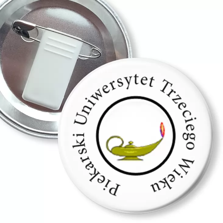 przypinka z żabką i agrafką Piekarski Uniwersytet Trzeciego Wieku