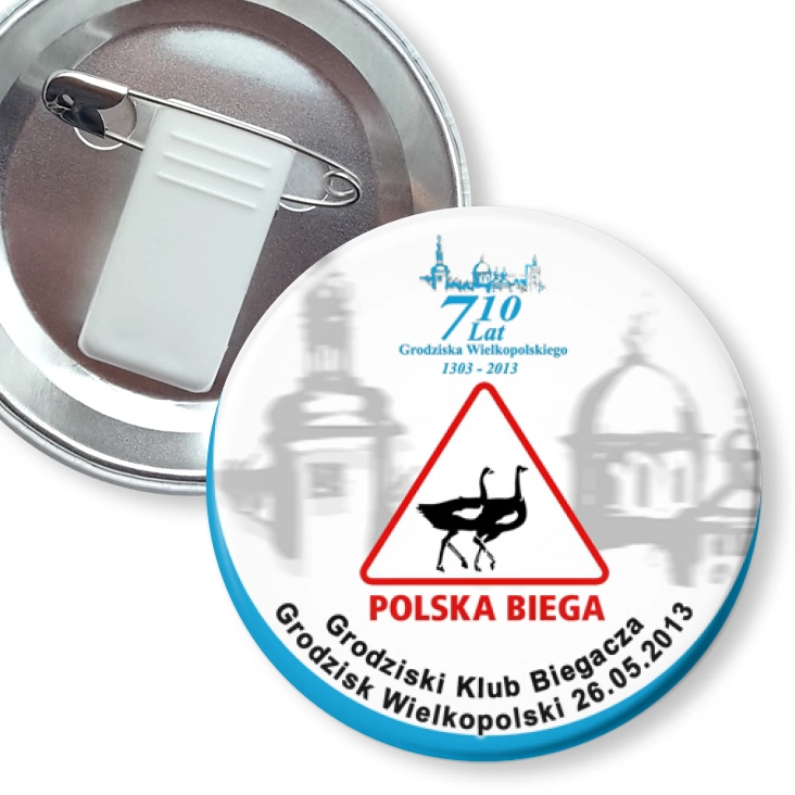 przypinka z żabką i agrafką Polska Biega 2013
